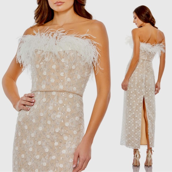 Mac Duggal 68140 Embellished Feather Strapless Column Nude/White Dress, Size 4 - Picture 1 of 14